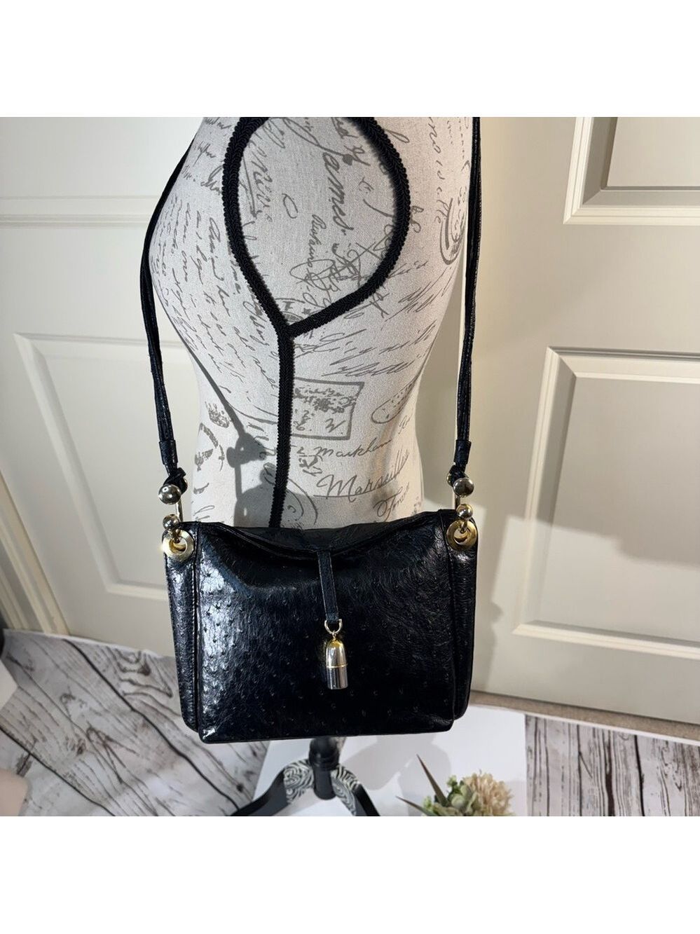 Vintage Sabatini  Black Ostrich Leather Crossbody Bag